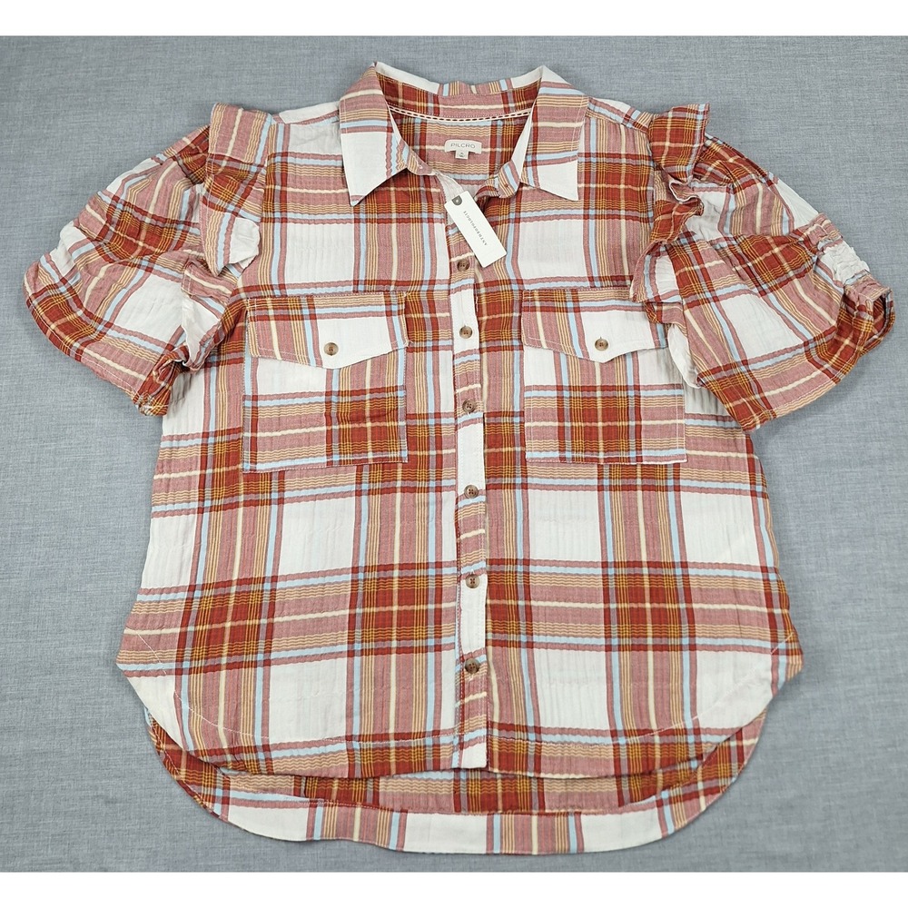 Anthropologie Pilcro Plaid Ruffle Shoulder Button Down Shirt XL Orange Blue NEW